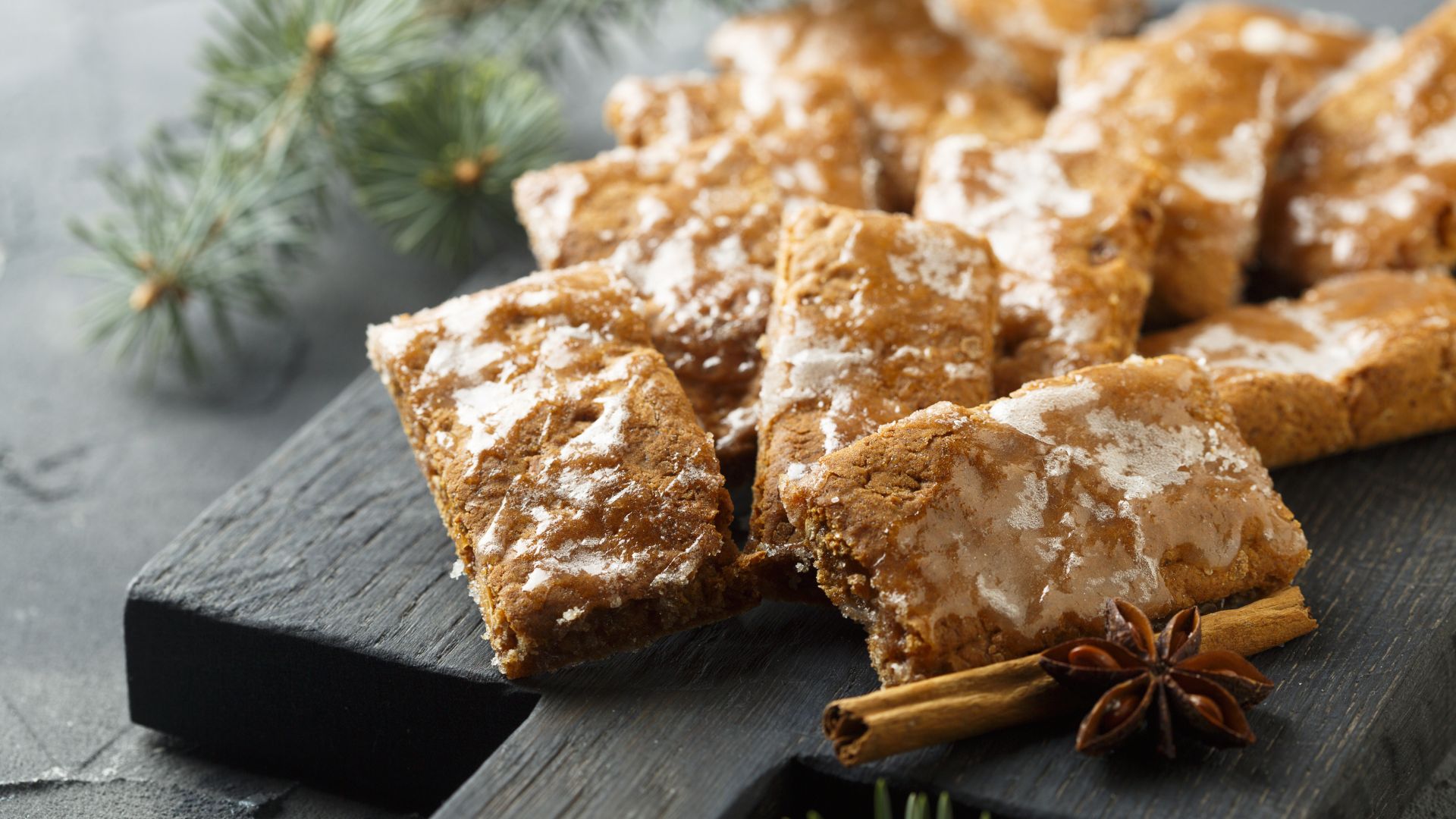 Gingerbread bars, stick of cinnamon & star anise